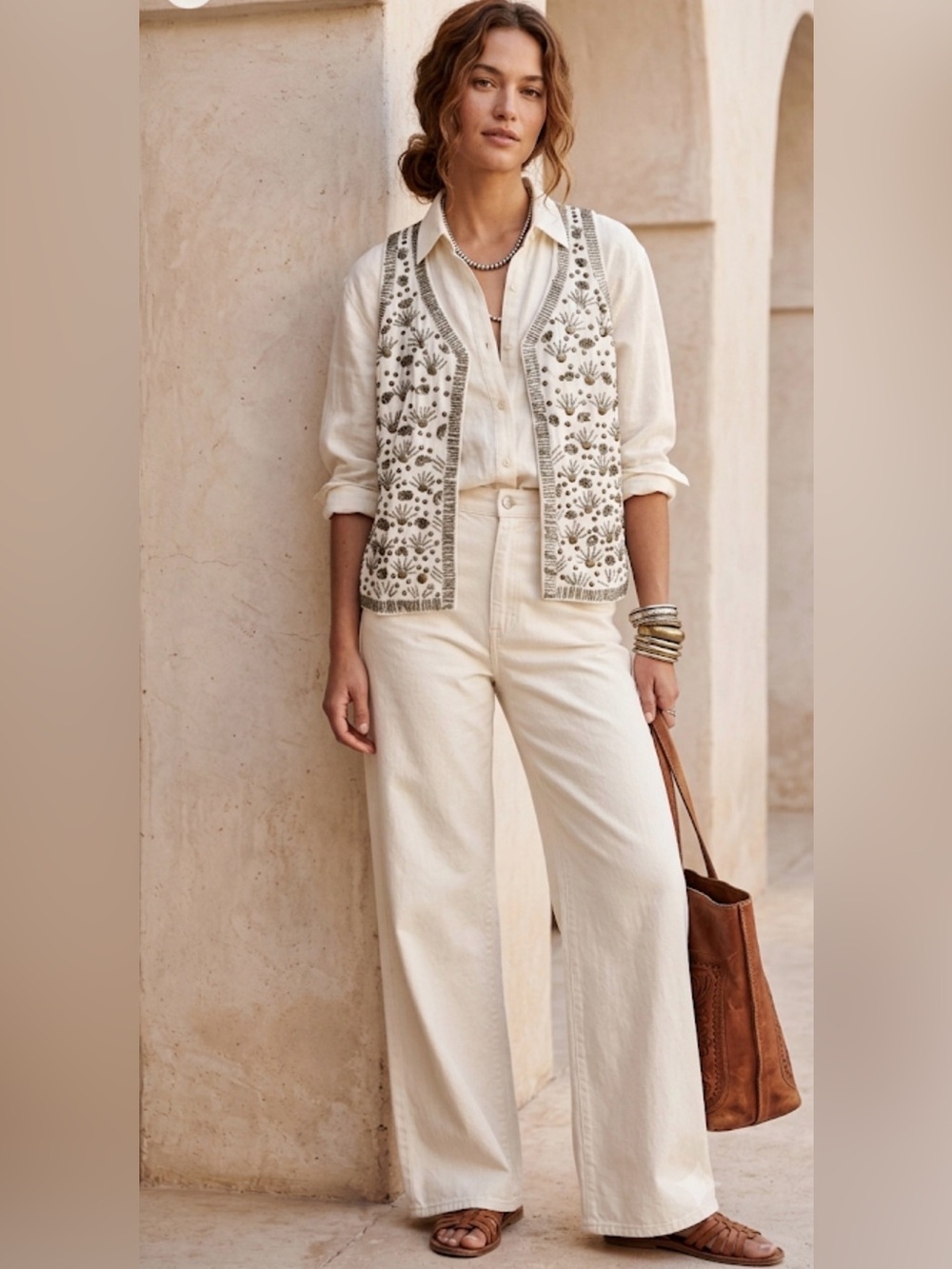 Chico's | Ivory Satin Beaded Boho Vest